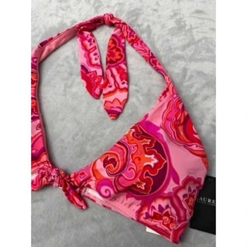 NWT Lauren Ralph Lauren Bikini Top Womens Pink Paisley Halter Triangle 16 $90